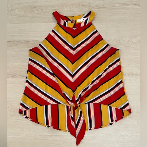 E&M Sleeveless Tie Front Halter Neck Blouse Red Yellow White - Small LIKE NEW - Picture 2 of 10
